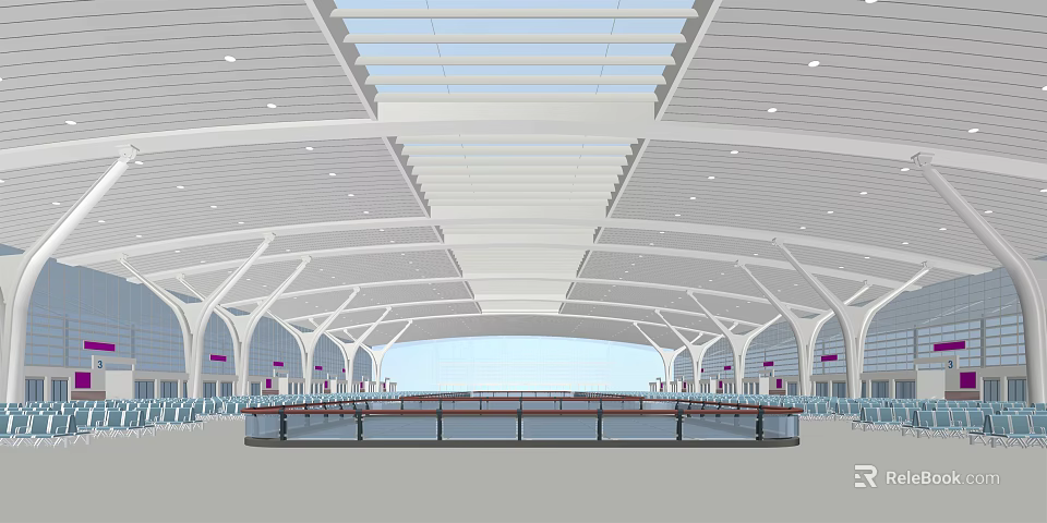Modern Train Station Interior With Open Ceiling Arched Structures Bright Lighting And Long Benches 3d model 