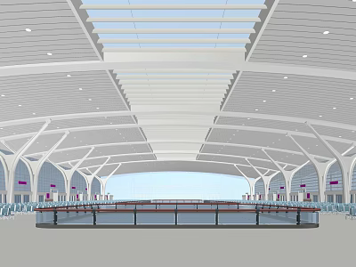 Modern Train Station Interior With Open Ceiling Arched Structures Bright Lighting And Long Benches 3d model