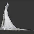 Elegant White Sleeveless Wedding Dress With Long Train On Display Stand