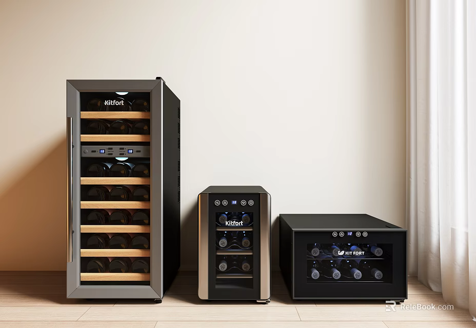 Modern Black Wine Coolers with Glass Doors Wooden Racks and Digital Controls in Three Sizes 3d model 