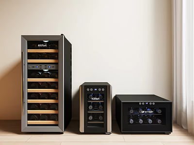 Modern Black Wine Coolers with Glass Doors Wooden Racks and Digital Controls in Three Sizes 3d model