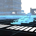 Futuristic Cityscape With Transparent Holographic Car 5G Network And Illuminated Road Markings