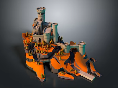 3D Castle Model with Multiple Towers Surrounded by Orange Hills and Green Trees 3d model