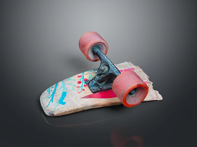 Colorful Painted Skateboard Deck With Red Wheels And Metal Trucks 3d model