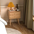 Wooden Bedside Table with Two Drawers Yellow Lamp and Vase in Bedroom