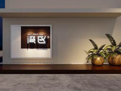 Light Colored Building Exterior Wall With Bay Area Bar Sign Potted Plants And Wooden Base 3d model