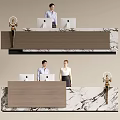 Modern Reception Desk With Receptionists Computers Marble Wooden Countertop And Golden Decorative Lamp