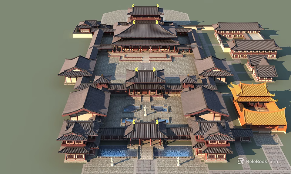 Ancient Chinese Architecture Complex With Symmetrical Courtyard And Traditional Roofs 3d model 