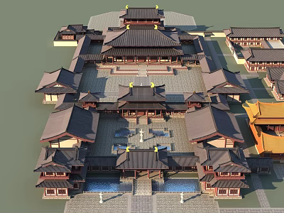 Ancient Chinese Architecture Complex With Symmetrical Courtyard And Traditional Roofs 3d model