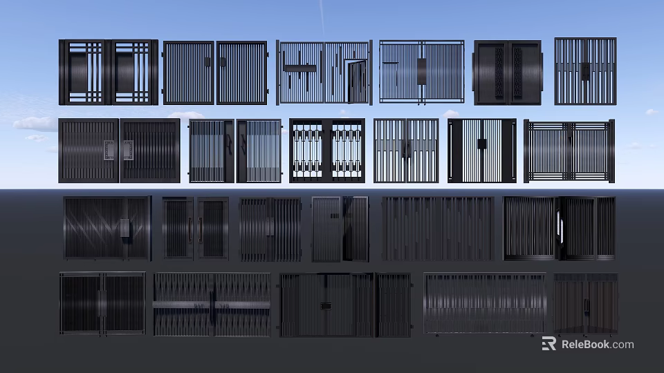 Various Entry Gates With Different Metal Designs And Security Features 3d model