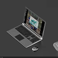 Modern Open Silver Laptop With Screen Displaying Content And Wireless Mouse 3d model
