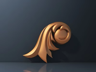 Golden Decorative Carving With Curved Leaves And Circular Element On Dark Background 3d model
