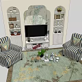 Elegant TV Background Wall With Striped Armchairs Coffee Table And Decorative Elements 3d model