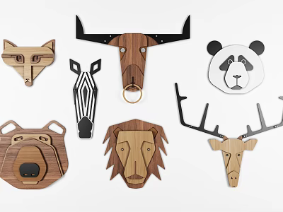 Wooden Animal Wall Decor with Various Animal Heads Fox Zebra Bull Panda Bear Lion Deer 3d model
