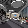 Modern Fitness Gym With Elliptical Machines Spin Bikes Large Windows Wooden Walls Round Ceiling Lights