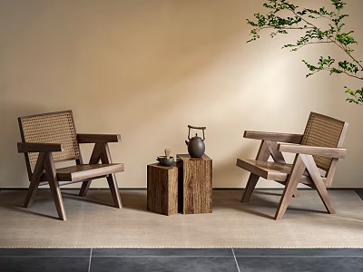 Leisure Chairs In Natural Style With Wooden Frame Rattan Seat And Wooden Stump Side Table 3d model