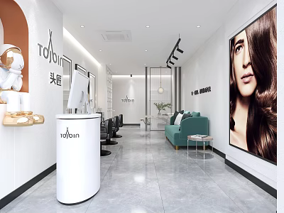 Modern Hair Salon Interior With White Reception Desk Green Sofa And Long Hair Poster 3d model