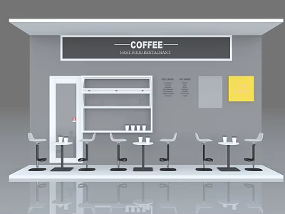 Modern Coffee Shop Interior With Bar Counter High Stools Shelves And Gray Yellow Decor 3d model