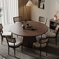 Modern Walnut Dining Table Set with Matching Chairs Potted Plant Table Lamp Artwork and Cabinet