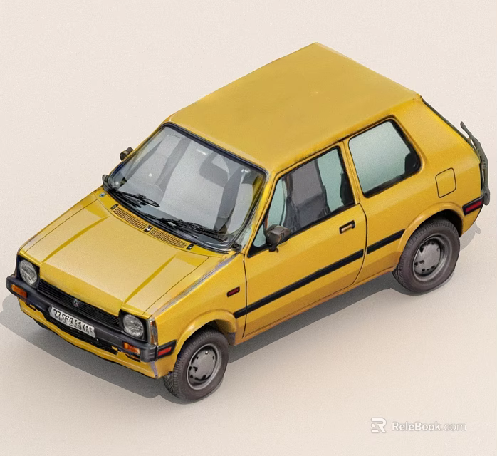 Yellow Classic Compact Car With Two Door Hatchback Design And Black Stripe 3d model 