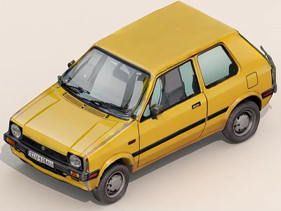 Yellow Classic Compact Car With Two Door Hatchback Design And Black Stripe 3d model