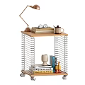 Wooden Top Side Table With Metal Frame Wheels Table Lamp Books And Vase