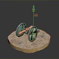 Antique Cannon Weapon Model With Red Blue Wheels Red Flag And Cannonballs On Circular Base
