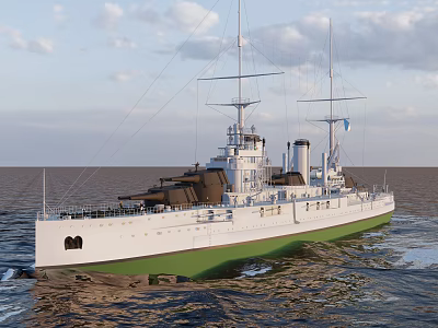 Vintage White And Green Warship Sailing At Sea With Masts Smokestacks And Gun Turrets 3d model