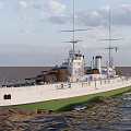 Vintage White And Green Warship Sailing At Sea With Masts Smokestacks And Gun Turrets