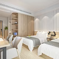 Bright Hotel Guest Room With Twin Beds Wooden Shelves Wall Painting And City View