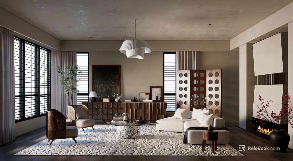 Modern Living Room Interior With White Pendant Light Sofa Decorative Rug And Wooden Screen 3d model 