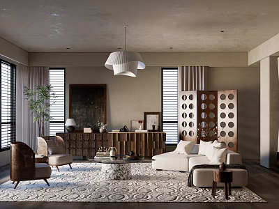 Modern Living Room Interior With White Pendant Light Sofa Decorative Rug And Wooden Screen 3d model