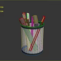 Practical Metal Mesh Pen Holder With Green Red Silver Pens On Dark Surface 3d model