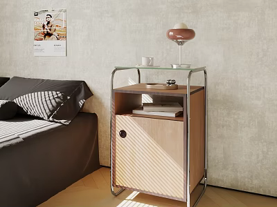 Modern Wooden Bedside Table With Metal Frame Glass Top Lamp And Storage Cabinet 3d model