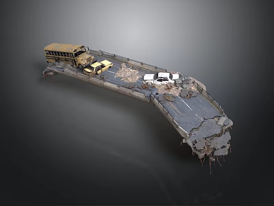 Broken Bridge Structure With Bus Cars And Cracked Road Pavement 3d model