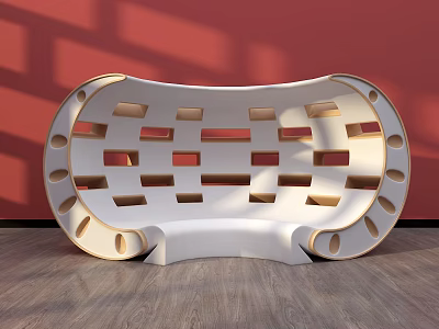 Modern White Public Bench With Hollow Design Against Red Wall And Wooden Floor 3d model