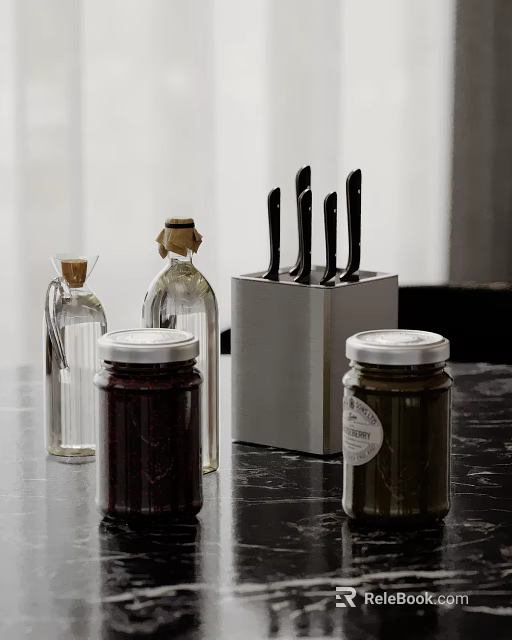 Modern Kitchen Black Countertop Featuring Glass Jars Silver Knife Block And Black Knives 3d model 