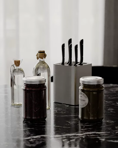 Modern Kitchen Black Countertop Featuring Glass Jars Silver Knife Block And Black Knives 3d model