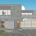 Modern Detached Villa With Gray Stone Wall Large Windows And Second Floor Balcony