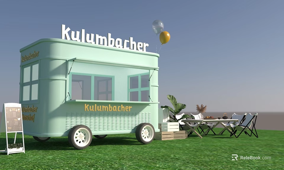 Kulumbacher Light Green Food Cart On Lawn With Balloons And Chairs 3d model 