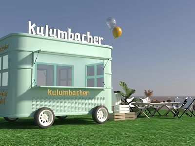 Kulumbacher Light Green Food Cart On Lawn With Balloons And Chairs 3d model