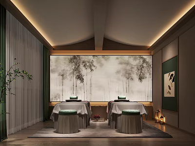 Traditional SPA Room With Massage Beds Bamboo Art And Warm Lighting 3d model