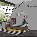 Kids Room Decor With Pink Bench Pillows Rabbit Toy Colorful Rug And Plant Paintings