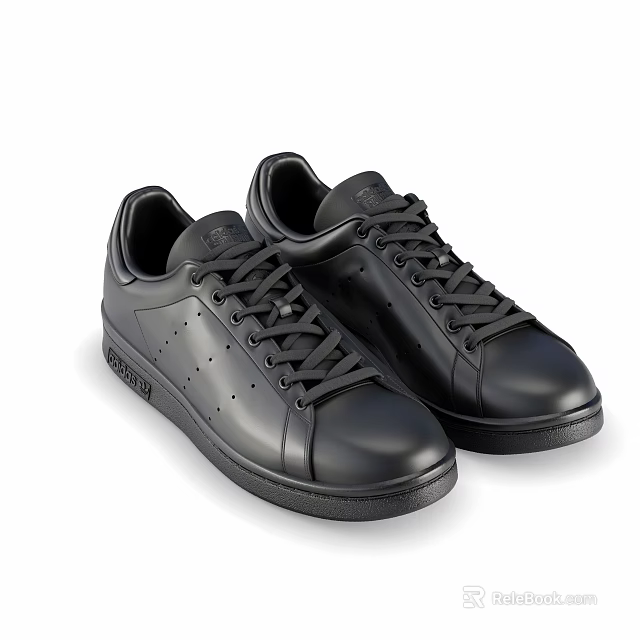 Classic Leather Black Sneakers With Round Toe And Lace Up Design For Casual Wear 3d model 