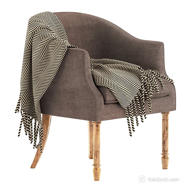 Gray Armchair With Black And White Herringbone Blanket And Wooden Legs 3d model 