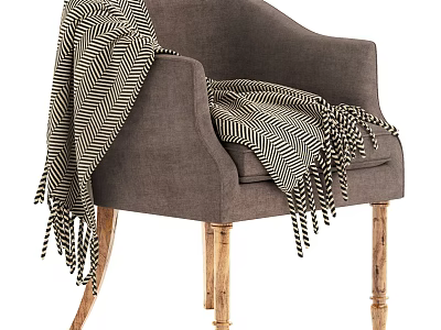 Gray Armchair With Black And White Herringbone Blanket And Wooden Legs 3d model