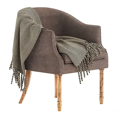 Gray Armchair With Black And White Herringbone Blanket And Wooden Legs 3d model
