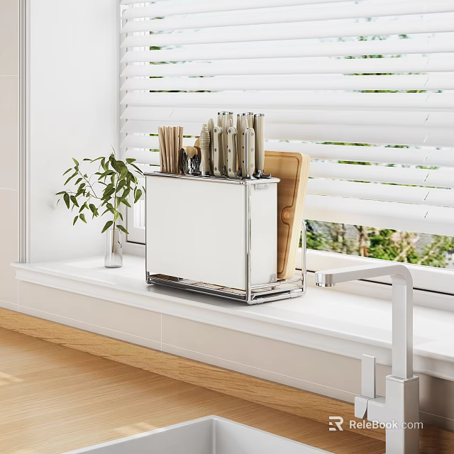 Modern Kitchen Knife Block With Stainless Steel Knives Cutting Board And Green Plant On Windowsill 3d model 