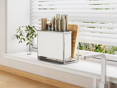Modern Kitchen Knife Block With Stainless Steel Knives Cutting Board And Green Plant On Windowsill 3d model
