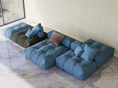 Modular Sectional Sofa Blue Brown Upholstered Fabric Tufted Design with Decorative Pillows 3d model